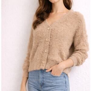 Lili Sidonio Fuzzy Eyelash Knit Cardigan Beige M Button Front